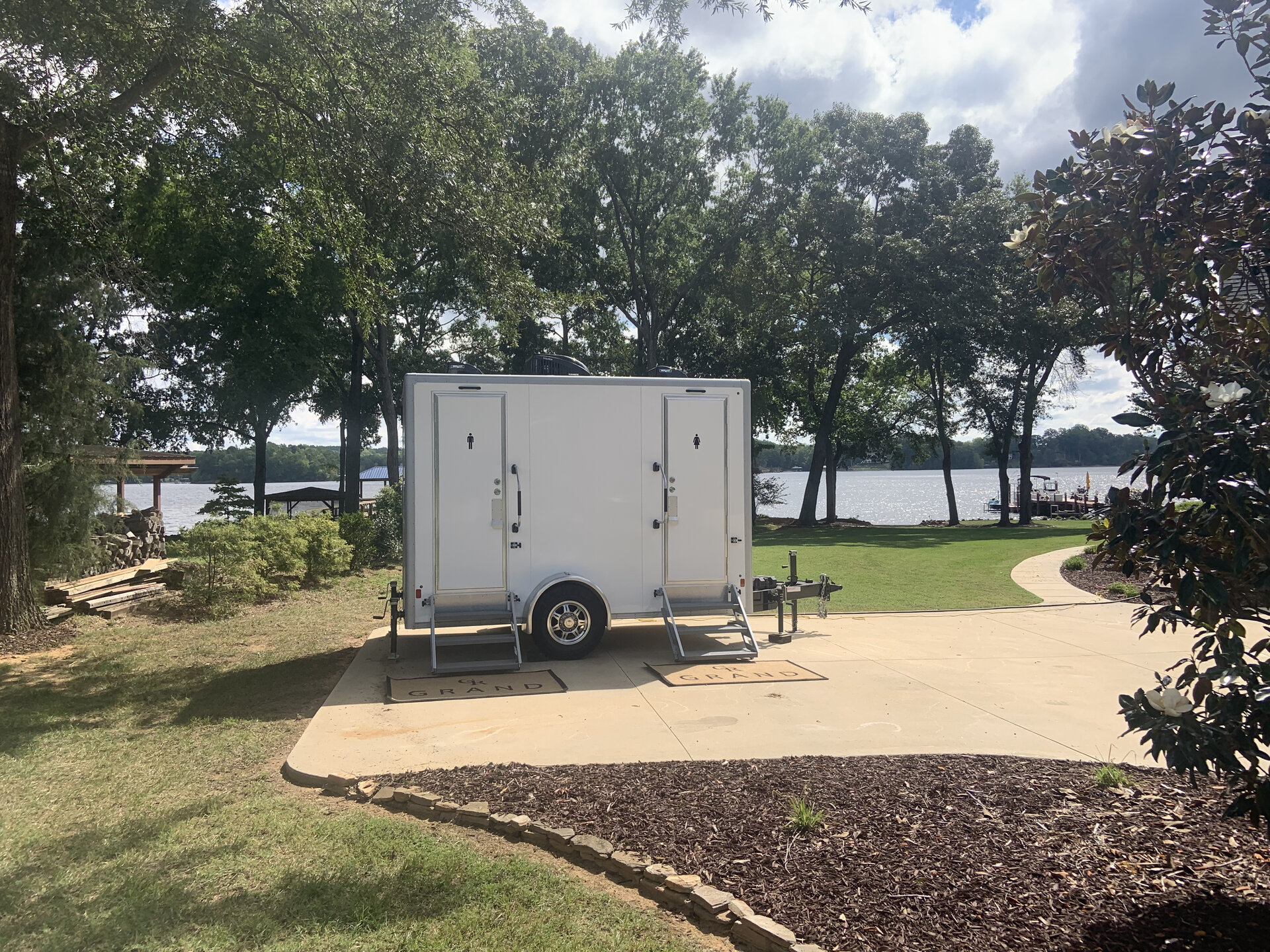 Grand Restrooms 9 station luxury restroom trailer ready for a Carolina corporate event