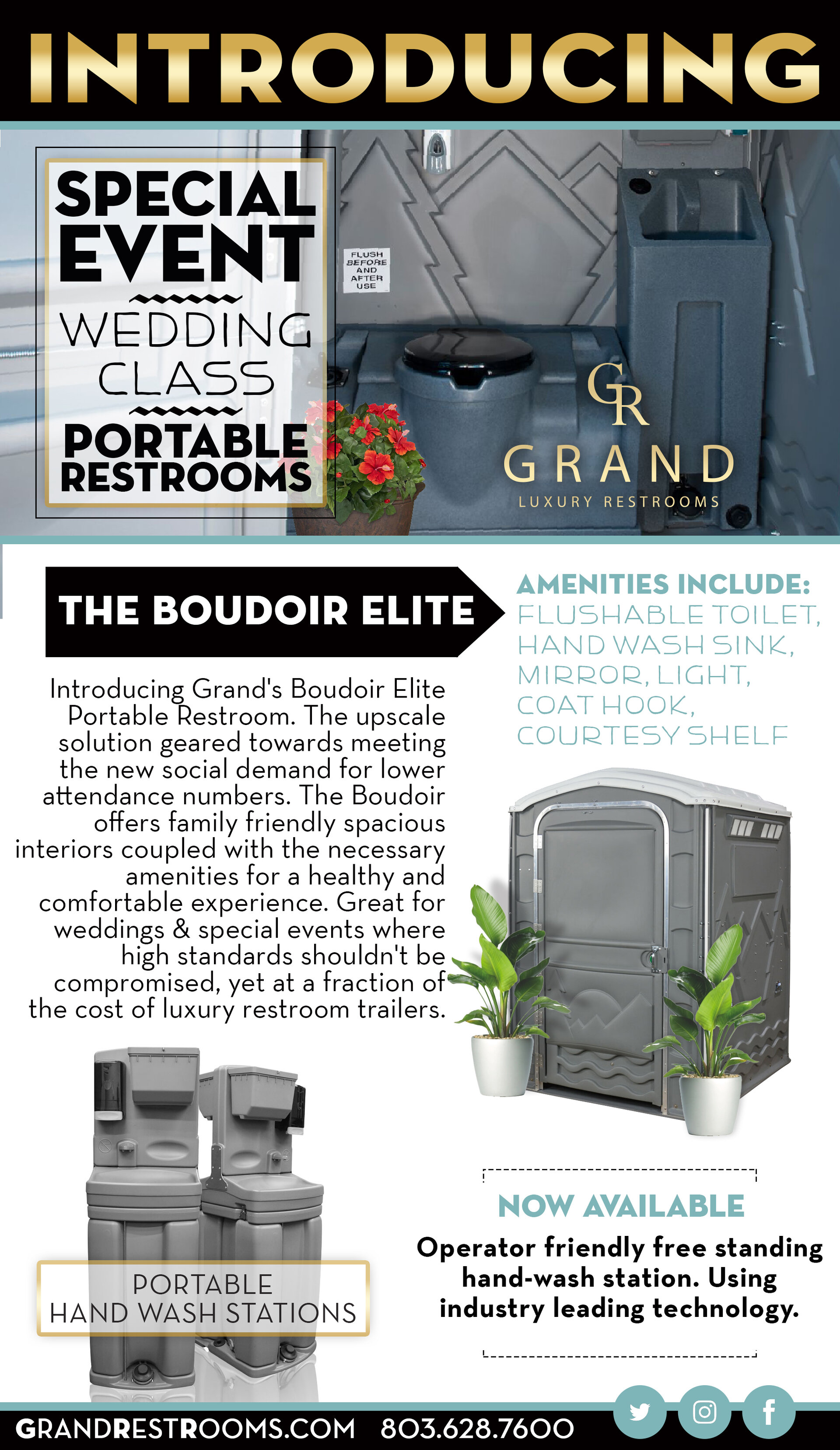 Portable restroom branding flyer showcasing Grand Restrooms services across the Carolinas
