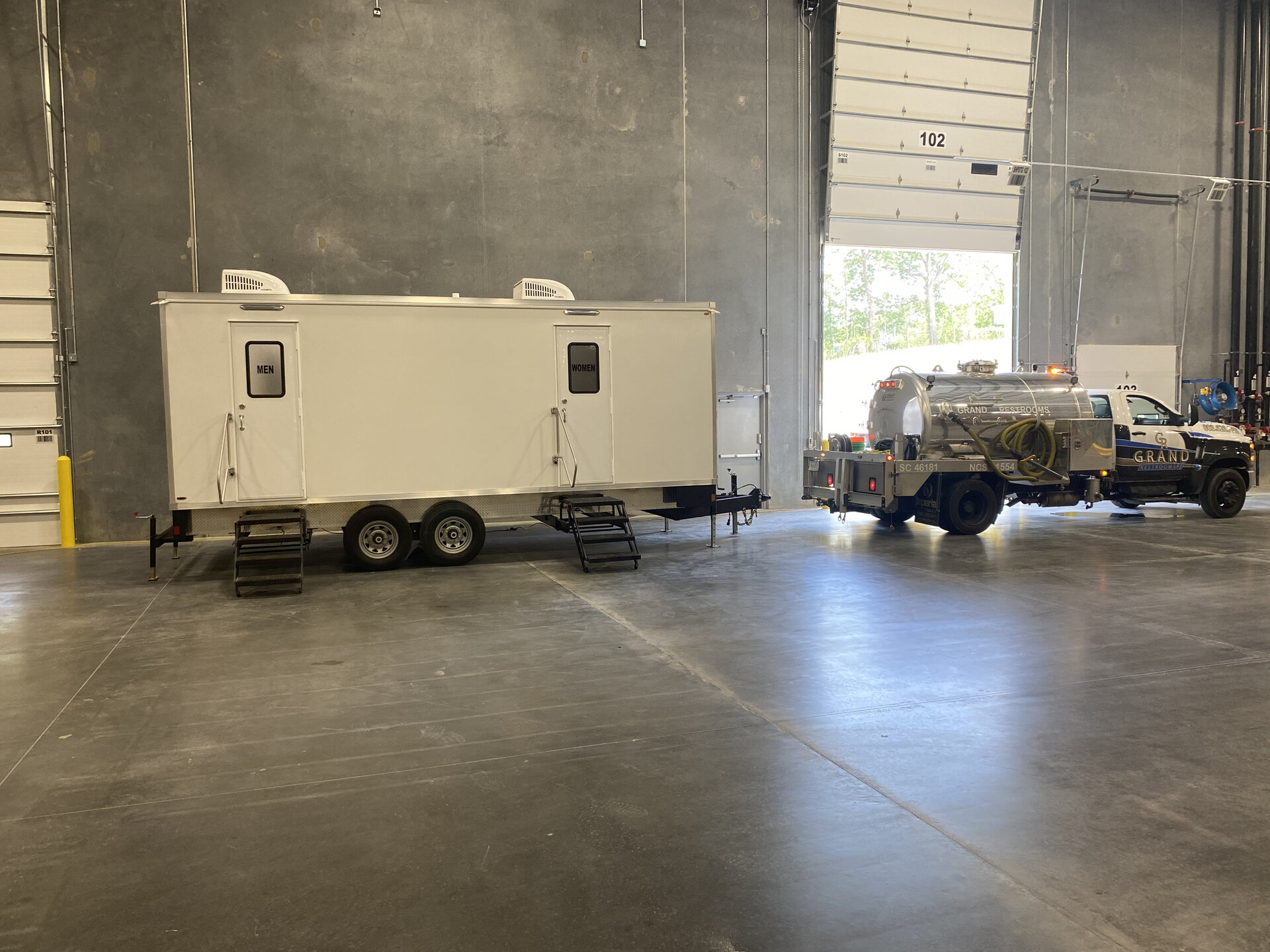 Grand Restrooms service pump truck preparing portable restroom servicing for Carolina deployments